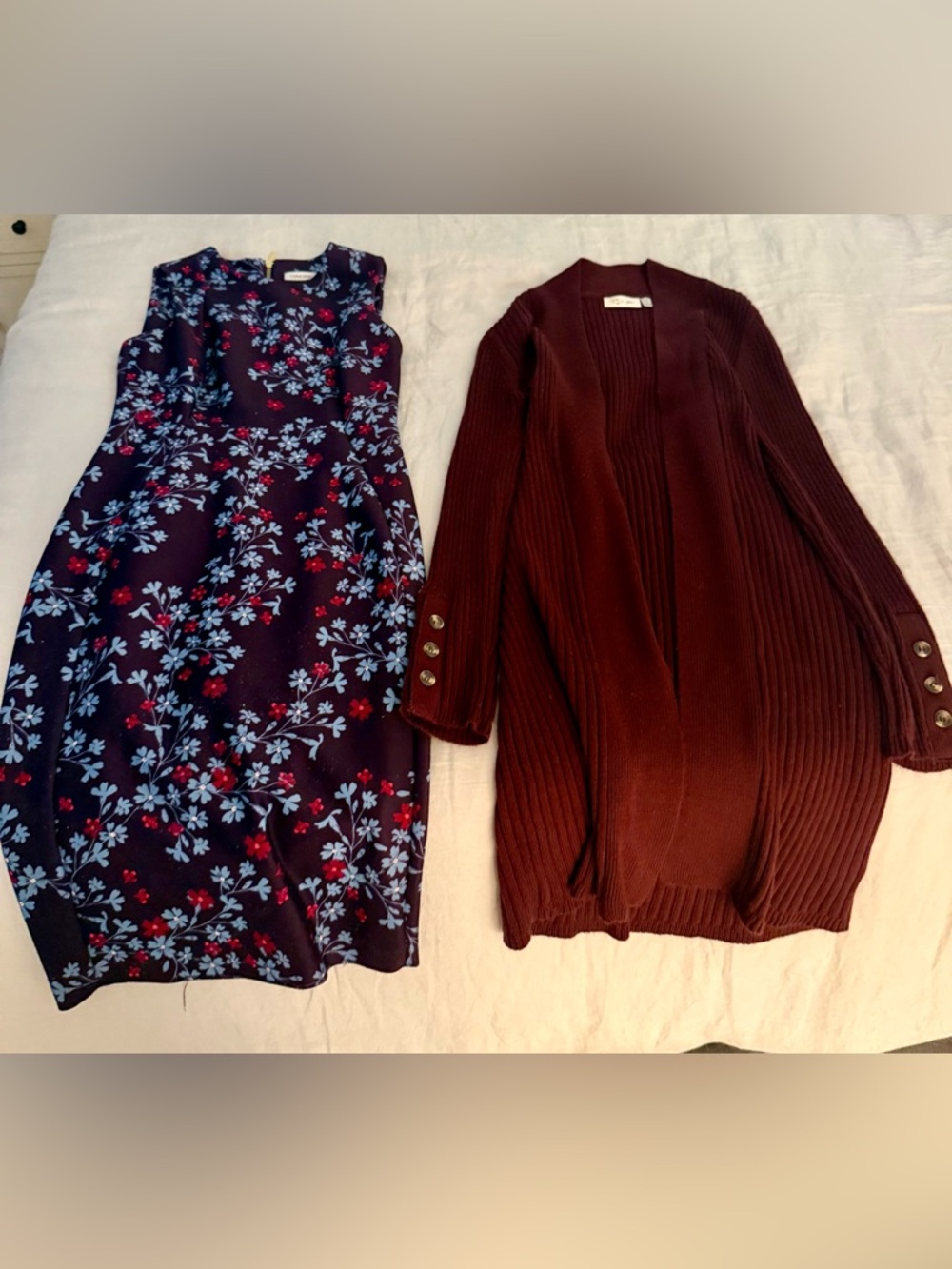 Calvin Klein Plum Floral Dress with Blue & Pink Accents, &  long-sleeve cardigan